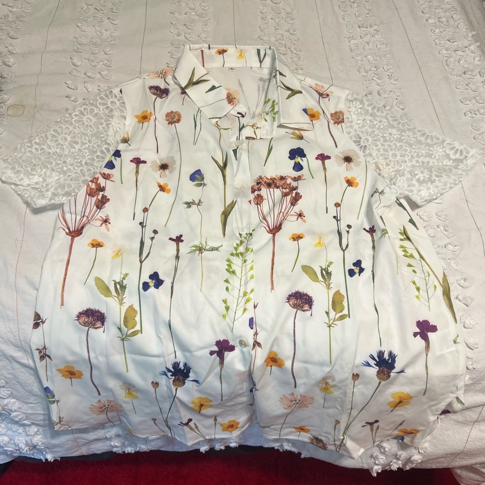 Short lacy sleeve, button down blouse